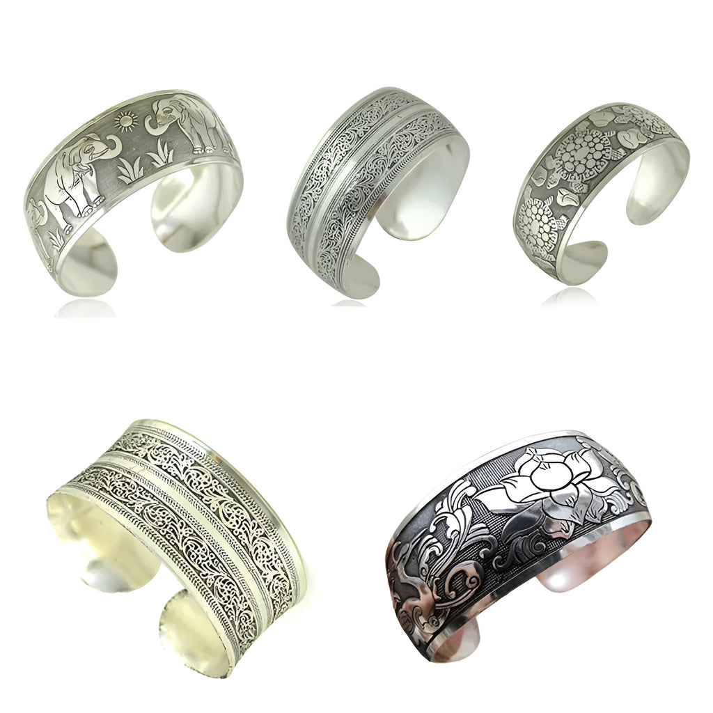 Ethnic carved open Miao silver alloy bracelet with Roman styling in turtle colour finish