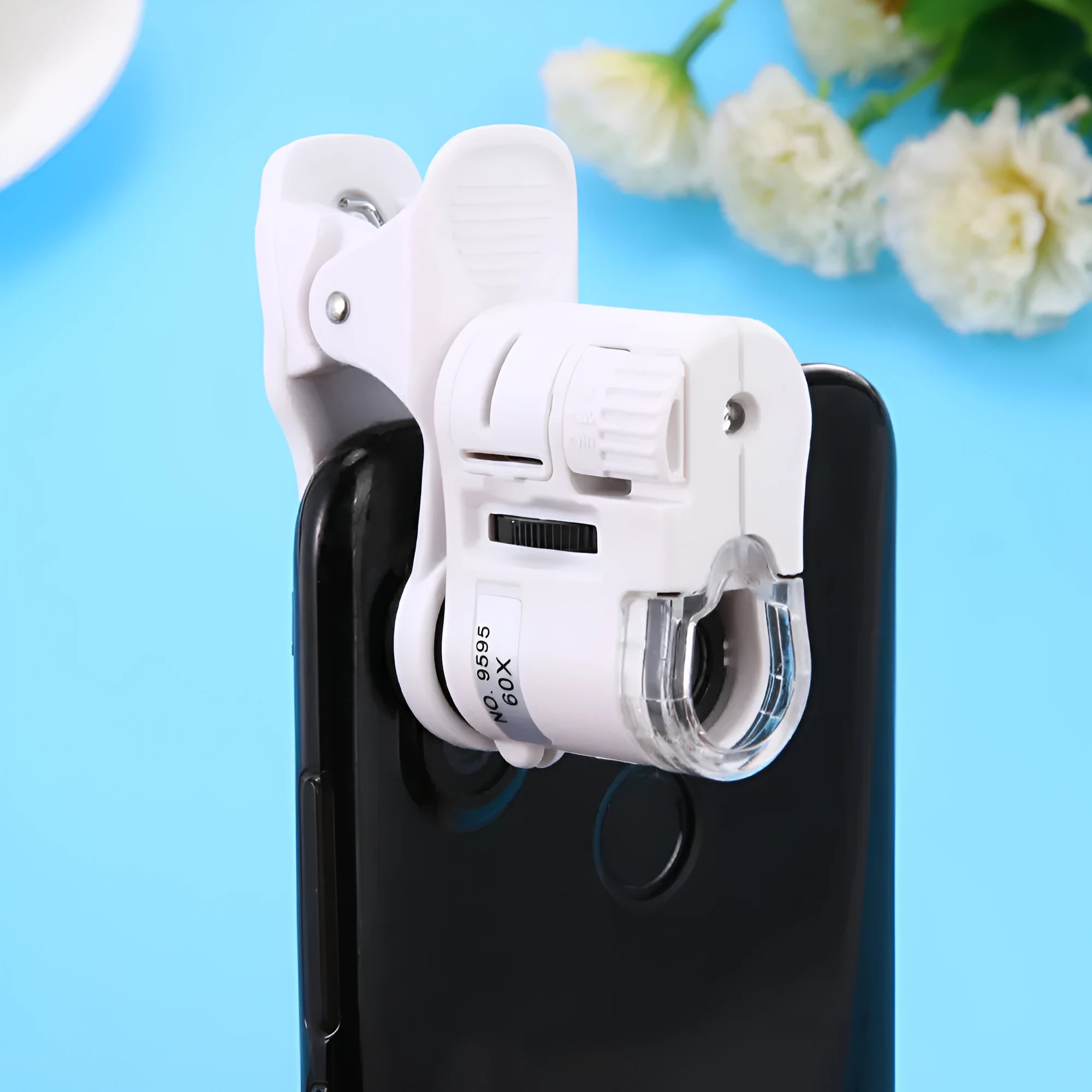 Digital microscope camera clip for cell phone with 60X magnification and LED light
