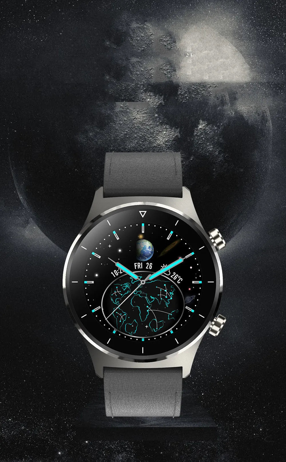 Black Bluetooth smart watch with alloy dial and silicone strap showing health tracking features