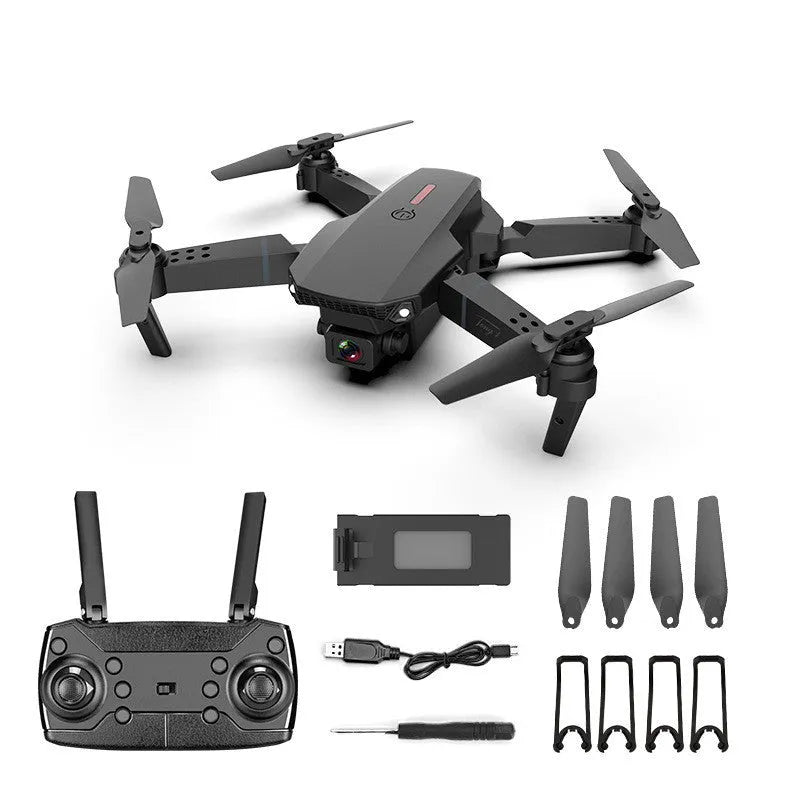 Grey foldable 4K drone with dual camera system and remote control