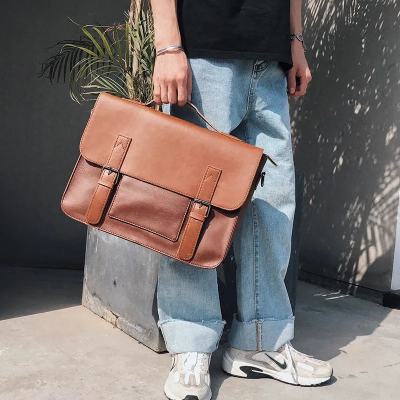 Men's casual shoulder bag in black PU leather, horizontal square shape, 36x29x11cm, with cover-style opening