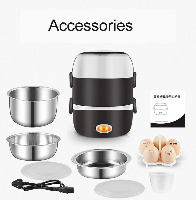Multi-function electric lunch box 200W USB power, two-layer 1L or three-layer 2L, 190mm square unit.