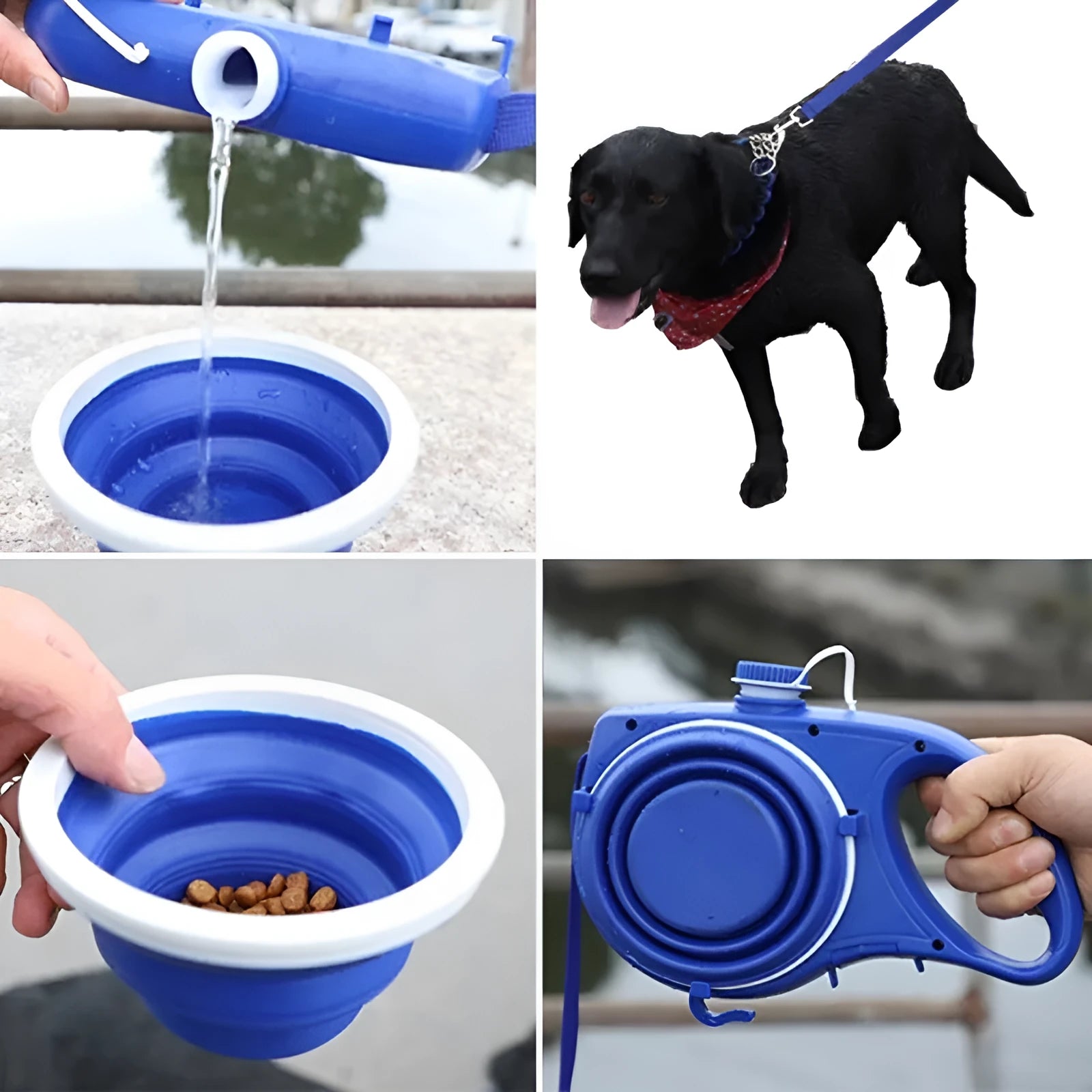 Plastic dog leash set with water bottle and cup in blue black or red colours for walking