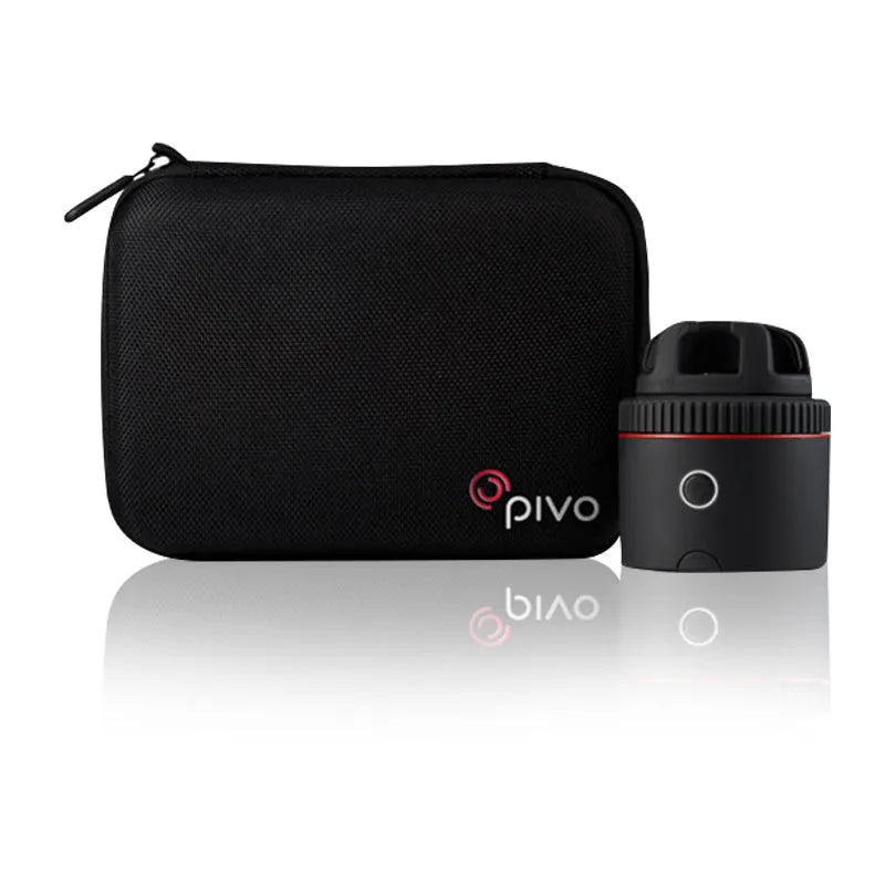 Black matte PIVO facial tracking camera mounted with a smartphone, showing 360-degree rotation base.