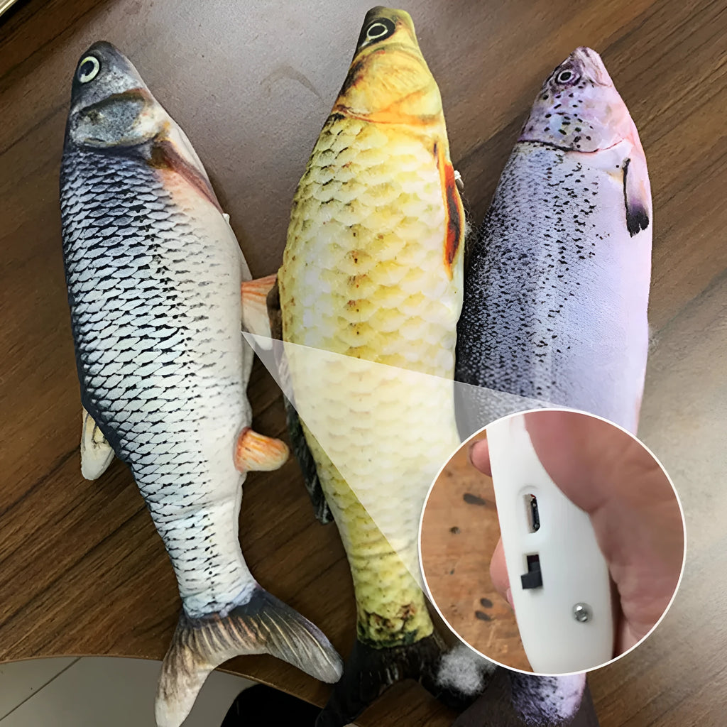 Electronic jumping fish cat toy with USB charging cable in multicolour 30cm design