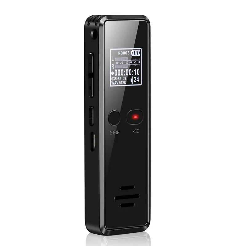 Black zinc alloy USB voice recorder MP3 player with LCD screen showing recording time