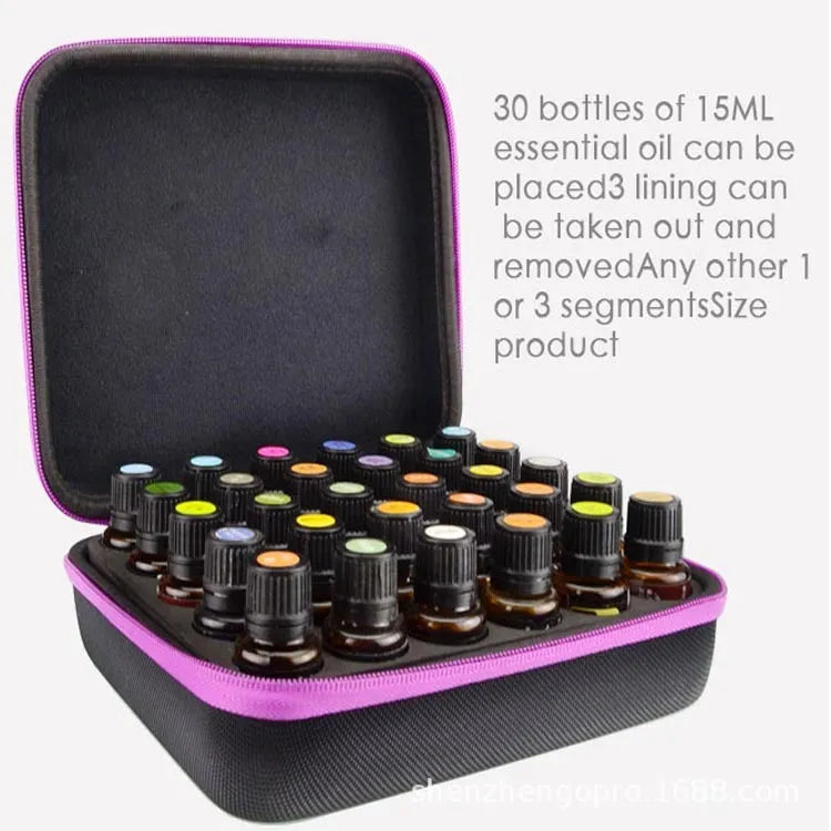 Red EVA essential oil storage bag with 30 clear compartments, shown with bottles, featuring a zip and wall mount.
