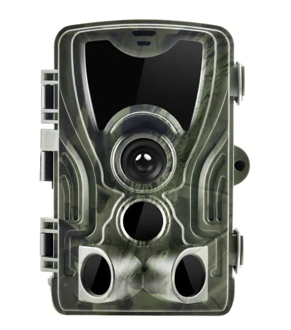 Green camouflage cellular trail game camera for hunting with infrared LEDs.