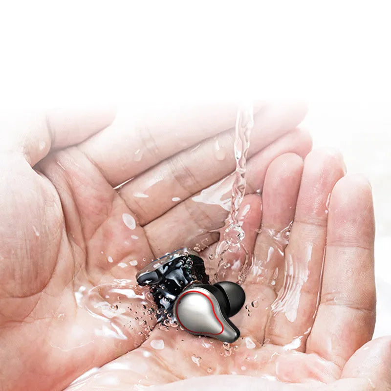 Black and blue in-ear Bluetooth headset with bilateral stereo earplugs