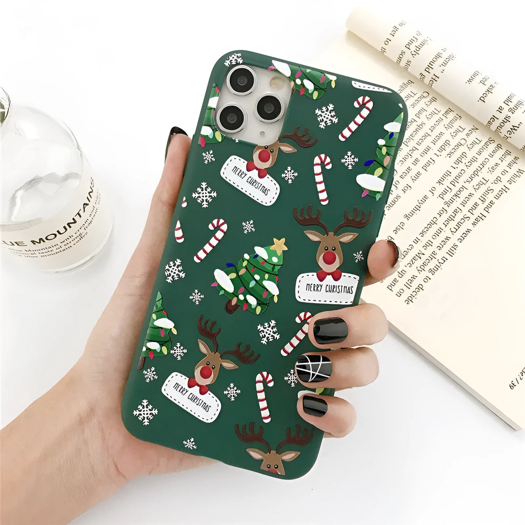 Green Christmas tree elk cartoon design TPU phone case for iPhone with stripe pattern elements
