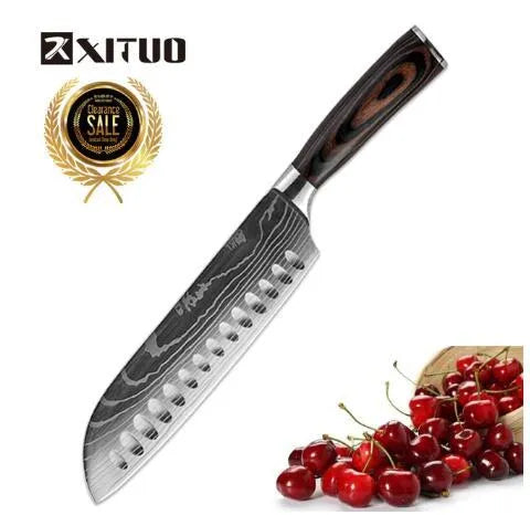 7Cr17 stainless steel chef knife with 18cm blade, laser Damascus pattern, and coloured wood handle