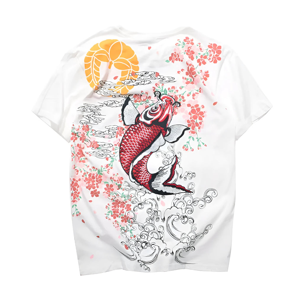 Embroidered men's cotton T-shirt in white, front view, with visible stitched detail on chest