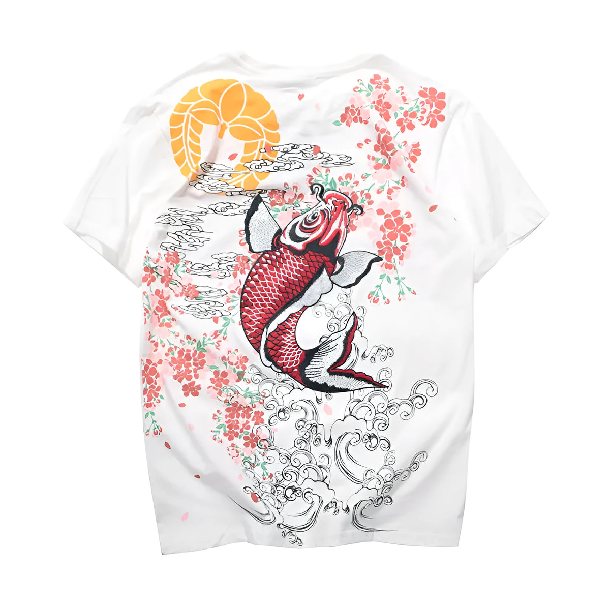 Embroidered men's cotton T-shirt in white, front view, with visible stitched detail on chest