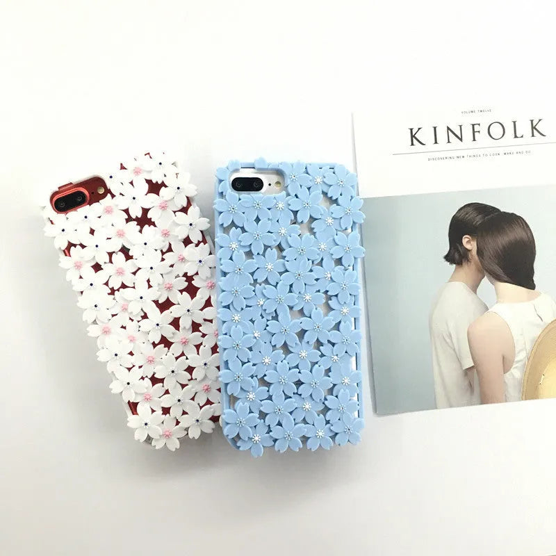 Blue silicone phone case with three-dimensional hollow flower openwork design for iPhone models