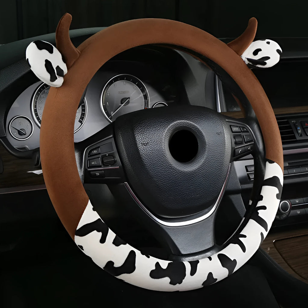 Short plush car steering wheel cover in black colour showing 38cm diameter measurement