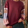 Women's beige plaid stitching pullover top with long sleeves and loose Japanese Korean casual styling