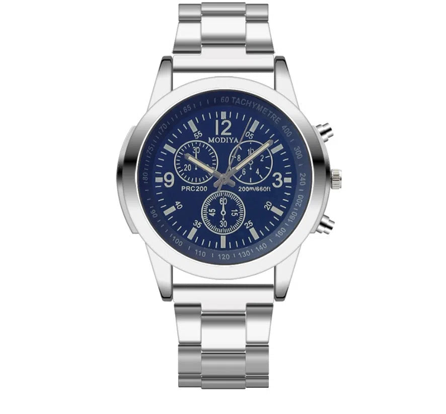 Blu-ray Gift Steel Band Watch with black dial, alloy strap, and folding buckle on a white background