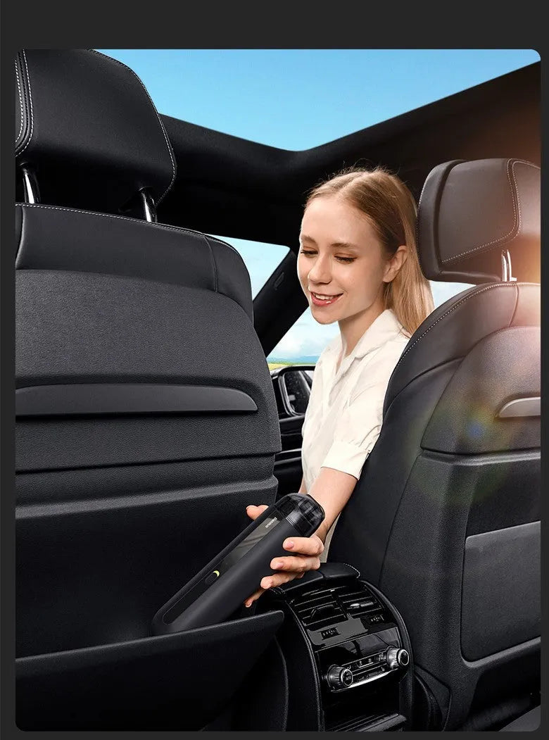 Wireless handheld car vacuum cleaner with blowing hose and HEPA filter.