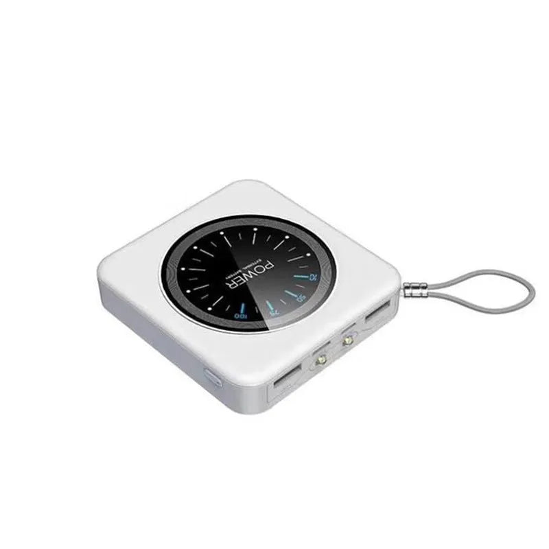 Mini clock portable power bank in an alloy case with multiple USB ports, shown in mint green colour.