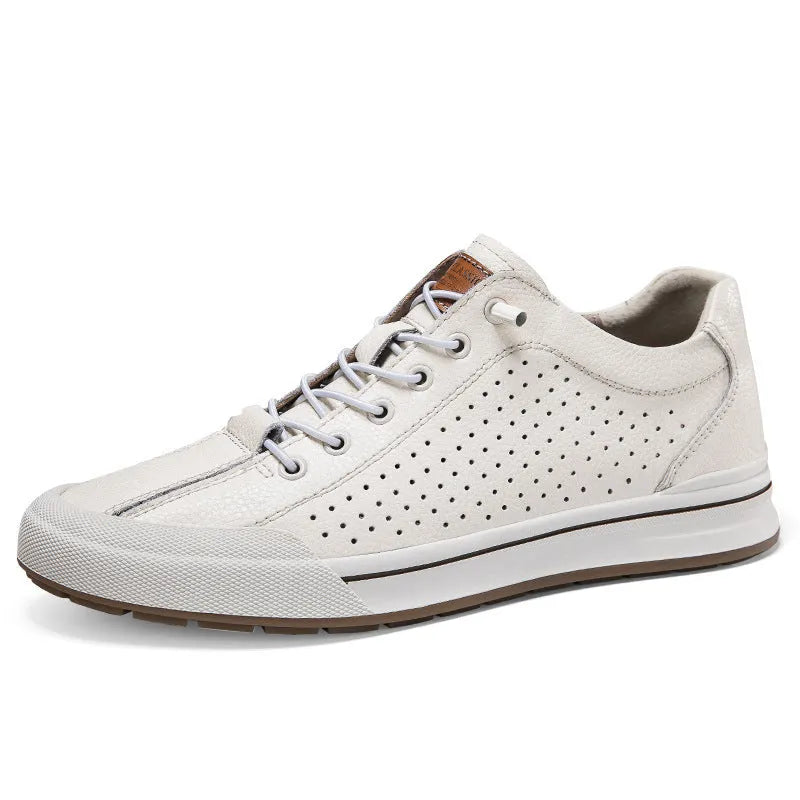 Men's black and white matte leather casual shoes with flat heel and round toe