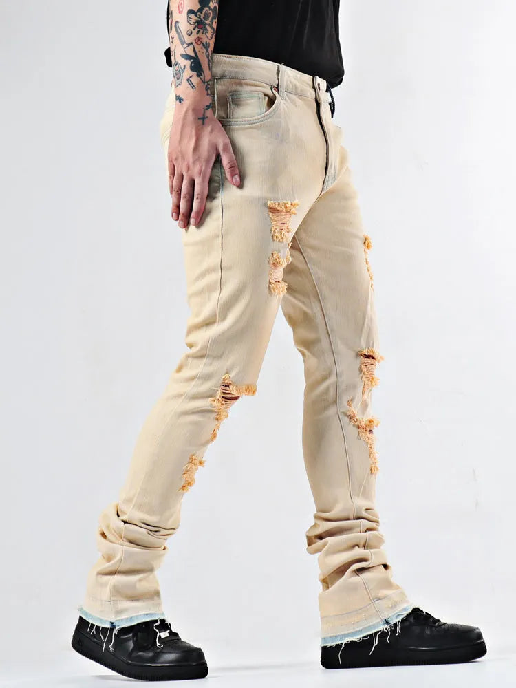 Elastic Youth Heavy Duty Flare Jeans in apricot cotton stretch denim with medium high waist and stone washed finish on model