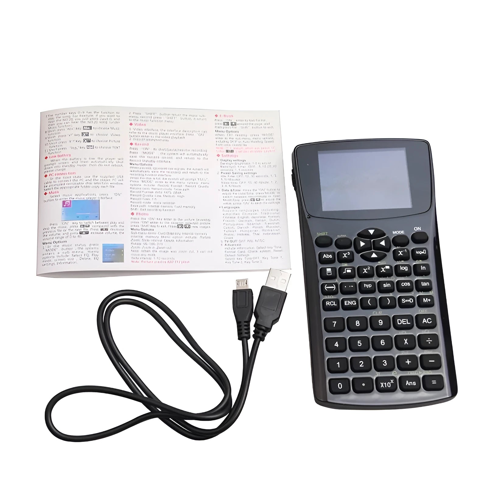 Black multifunctional e-book reader with 2.8cm screen and adjustable strap showing language selection menu