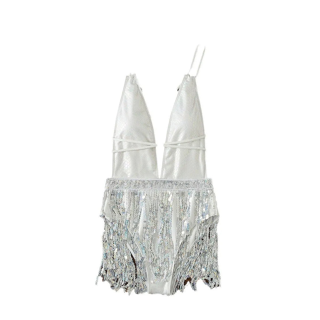 White deep V neckline tassel dress swimsuit with sleeveless briefs style