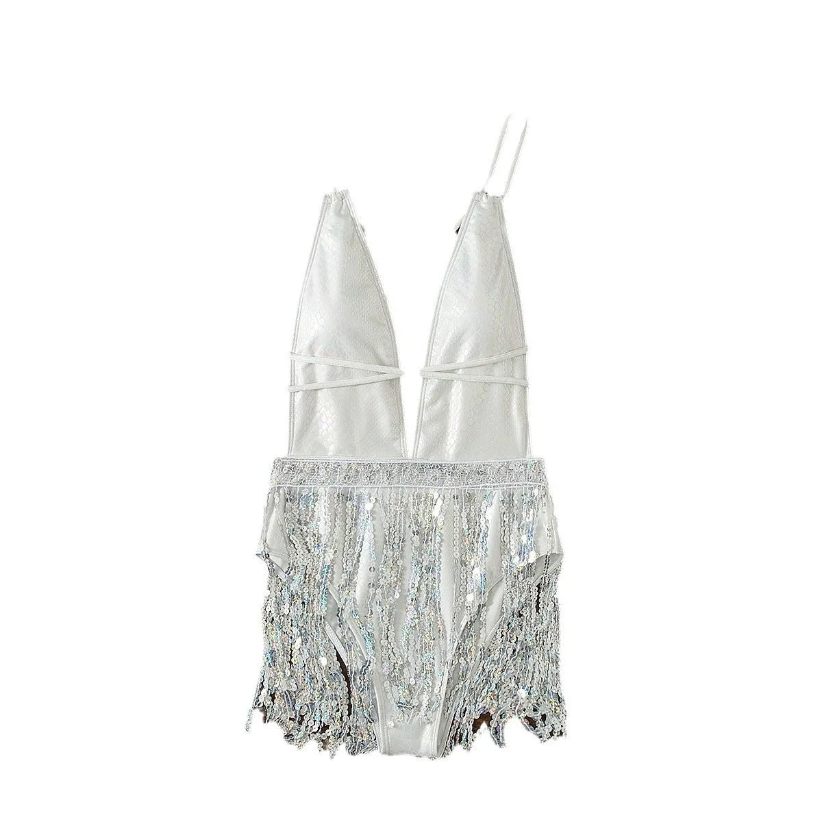 White deep V neckline tassel dress swimsuit with sleeveless briefs style