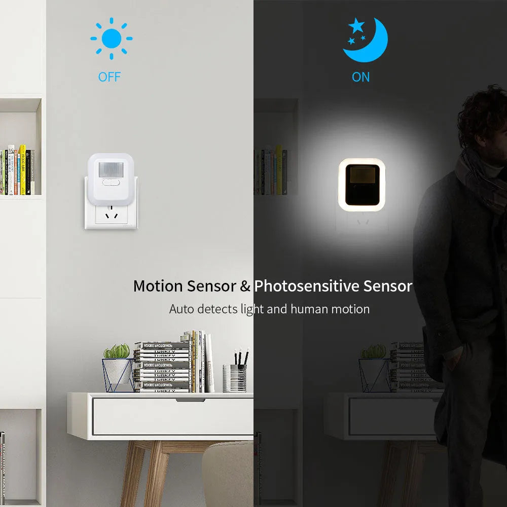 Automatic energy saving LED night light with motion sensor, 8 LEDs, 400LM, 3000K, US or EU plug, ABS housing