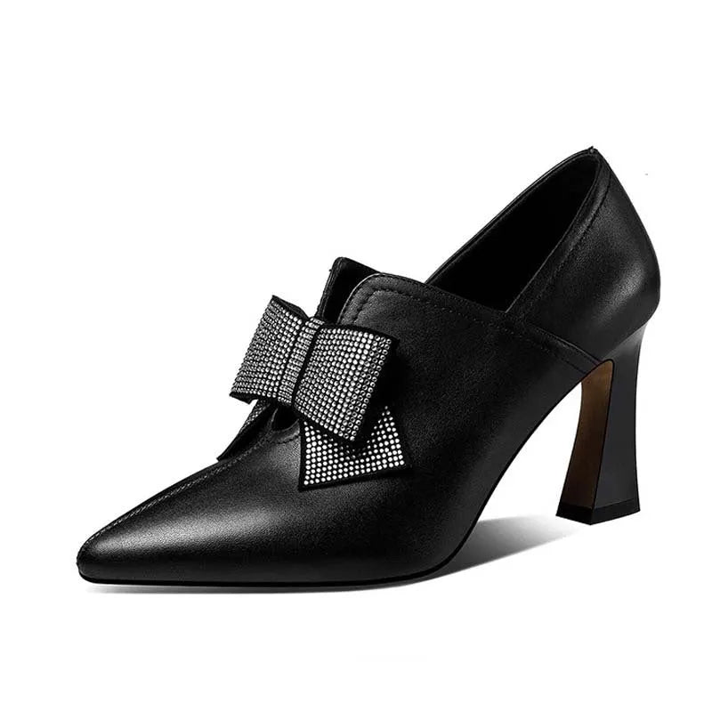 Women's rhinestone bow chunky heel party boots in black PU leather, pointed toe, side view