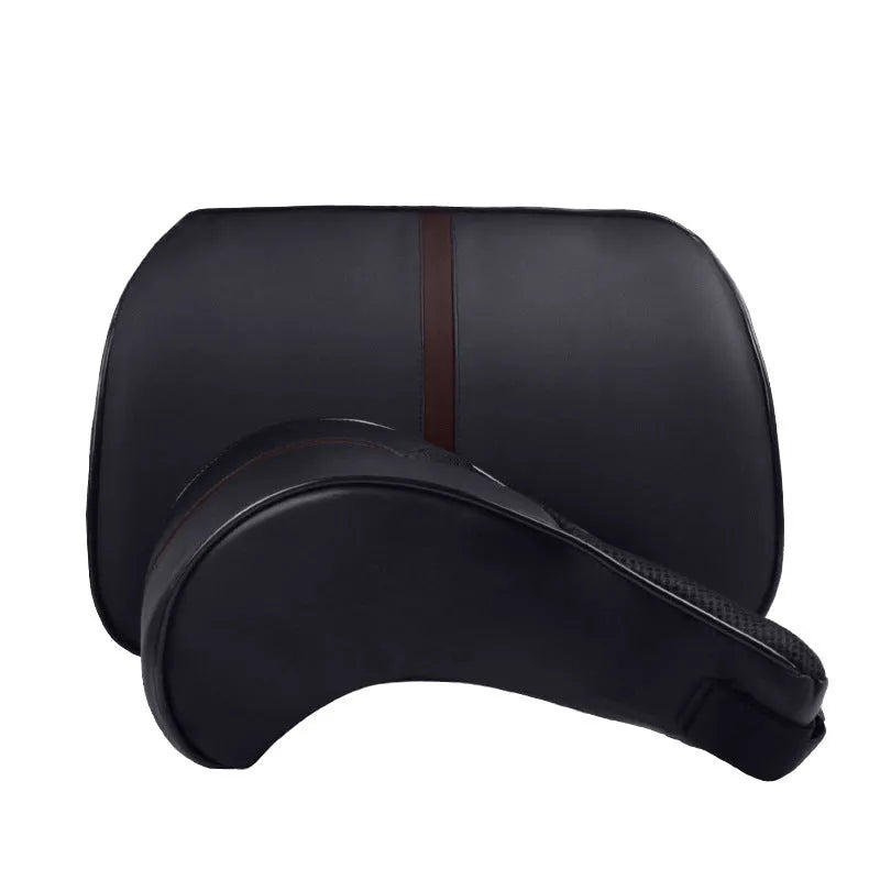Memory foam car headrest and lumbar support pillow in leather with cotton filler