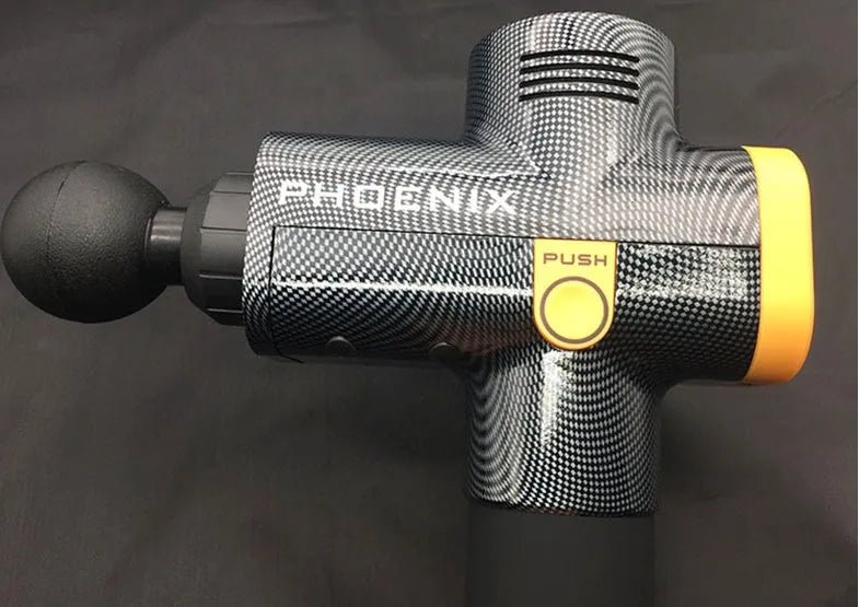 Black fascia massage gun with four attachment heads showing 29cm dimensions
