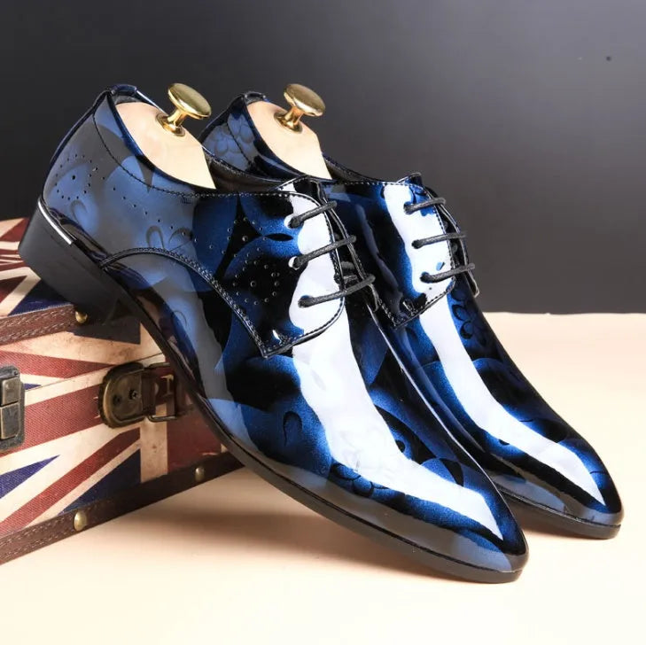 Men's business casual leather shoes in blue with leather stitching and rubber sole