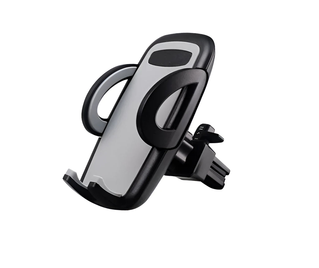Black plastic mobile phone holder attached to car air conditioning vent