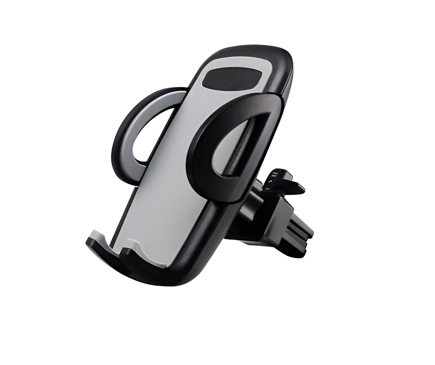 Black plastic mobile phone holder attached to car air conditioning vent