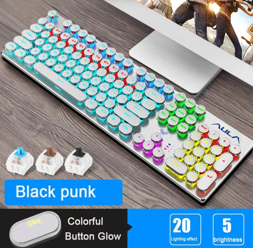Steampunk wired mechanical keyboard with gold-plated keycaps and metal panel, black blue colour