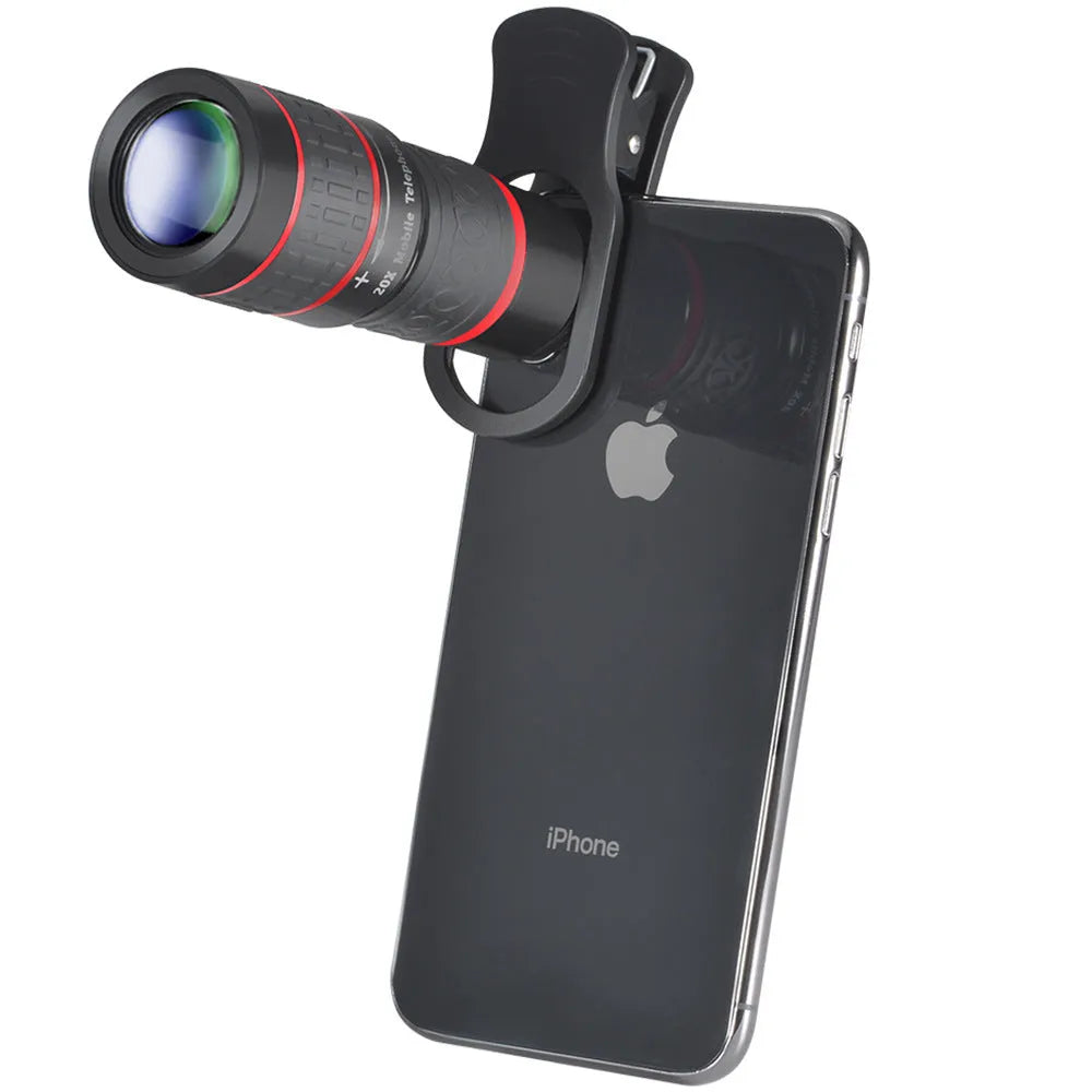 20x magnification mobile phone telescope with universal mounting clip and single eyepiece mask