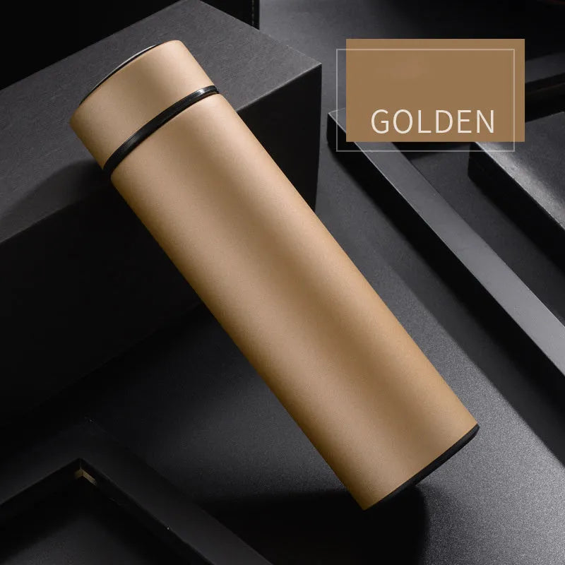 450ml straight cup stainless steel water bottle with vacuum insulation and arrow mouth in black, red, gold, and blue colours.
