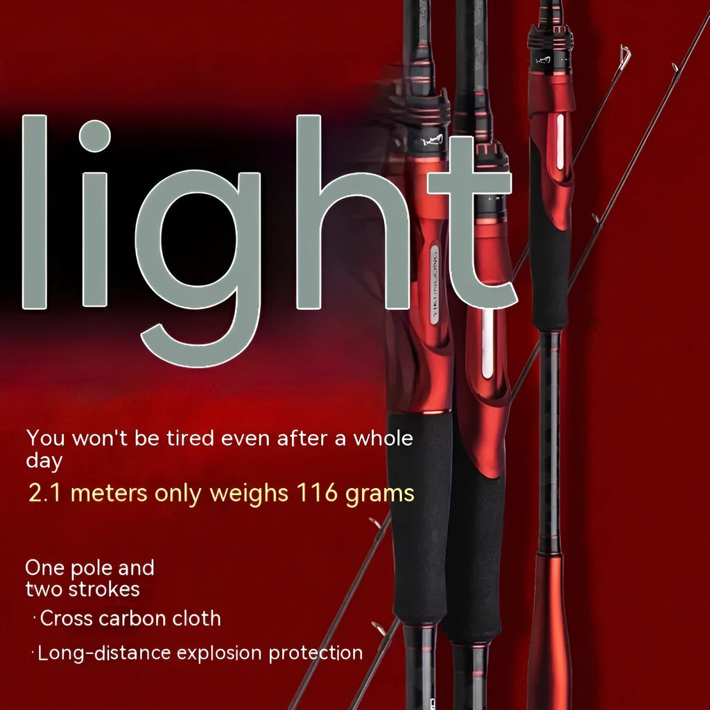 Carbon ultralight fishing rod shown in straight handle and pikestaff styles, lengths 2.1m and 2.4m