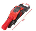 Three black and red plastic quick release helmet chin strap buckle clips on white background