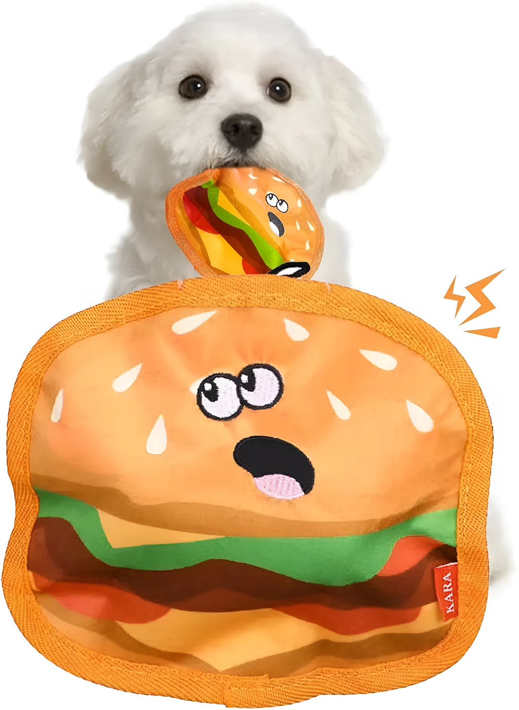 Food-shaped crinkle and squeaky dog toy in hamburger, fries, hot dog, or pizza design for interactive play.