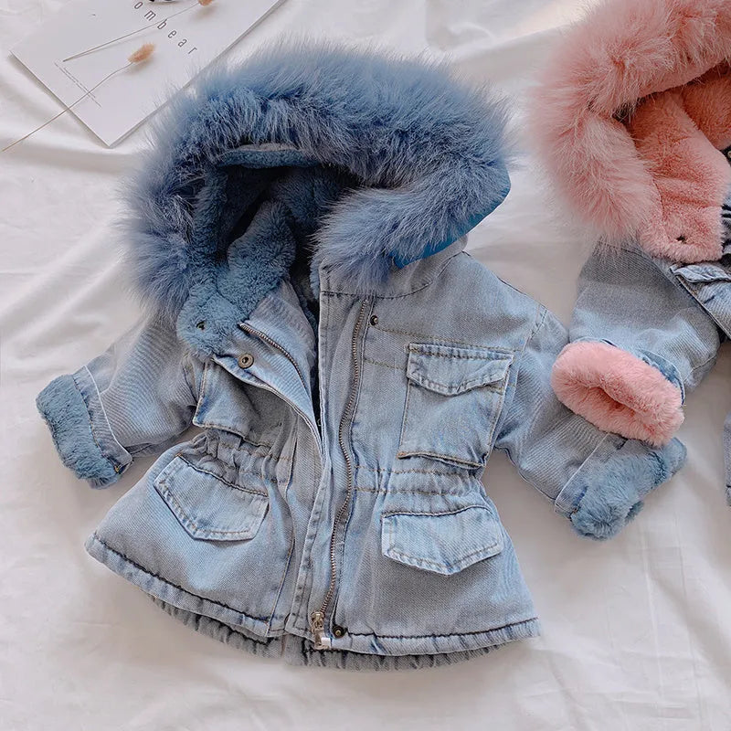 Girls blue denim coat with attached hood and plus velvet lining