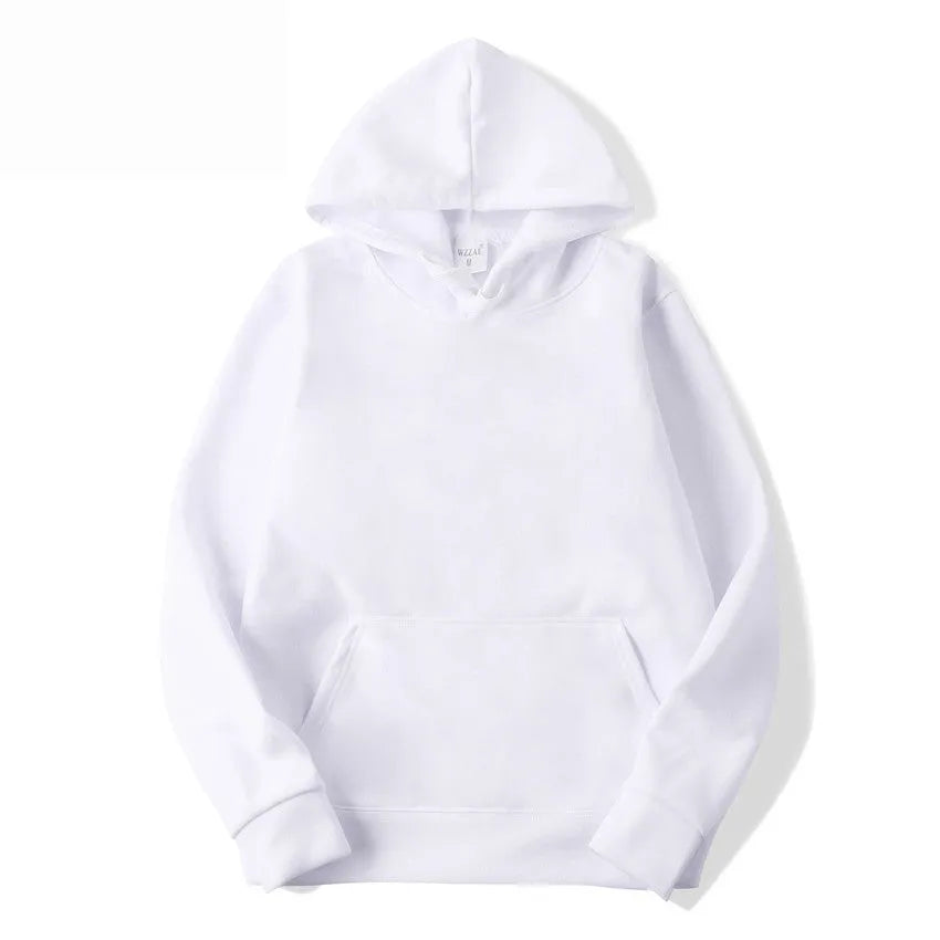 Man and woman wearing a solid white cotton blend hoodie with long sleeves and a hood.