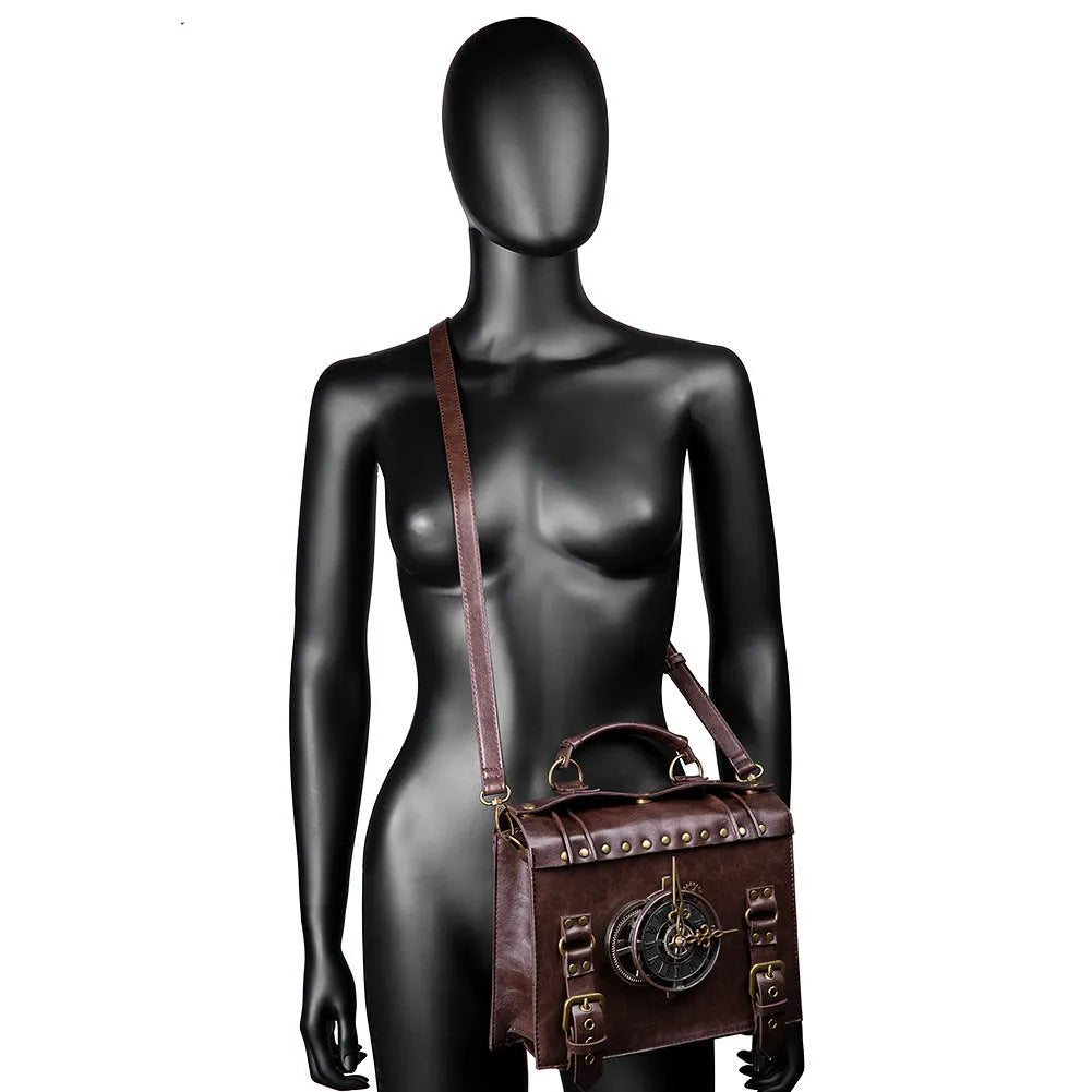 Bronze steampunk industrial retro shoulder bag with metal details and horizontal square pillow shape