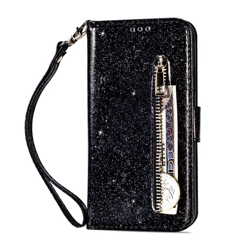 Zipper phone case with detachable wrist strap in multiple colour options for iPhone