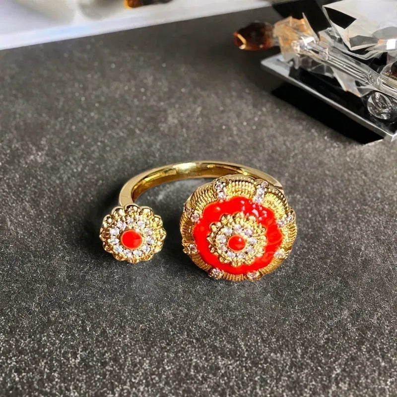 Copper adjustable ring with vintage gourd design and zircon inlay in New Chinese style
