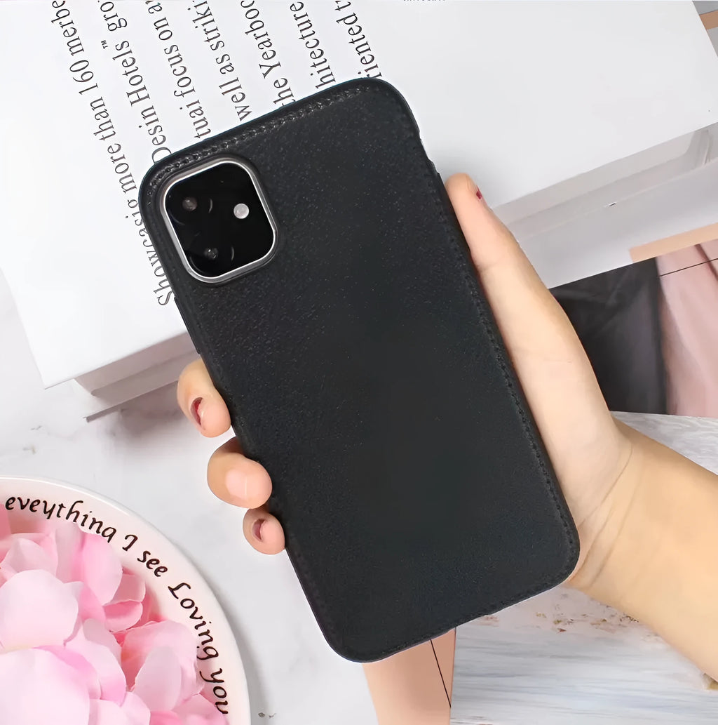 Slim leather and TPU iPhone case shown in black, brown, navy blue, and wine red colours