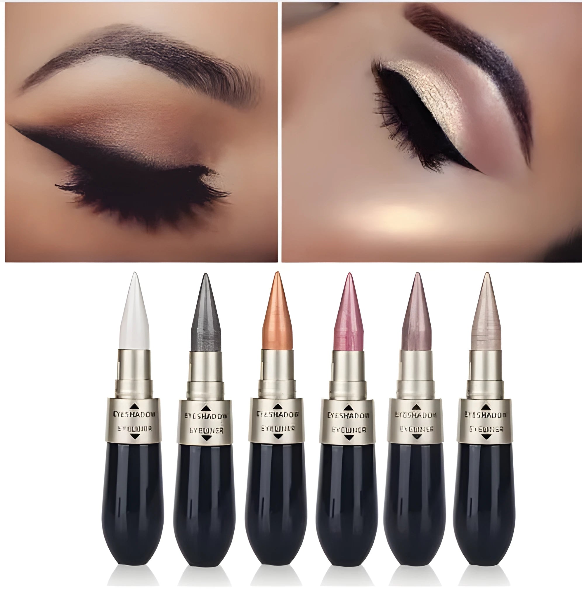 Double head six colour eyeshadow and black eyeliner set in compact packaging with multiple shade options