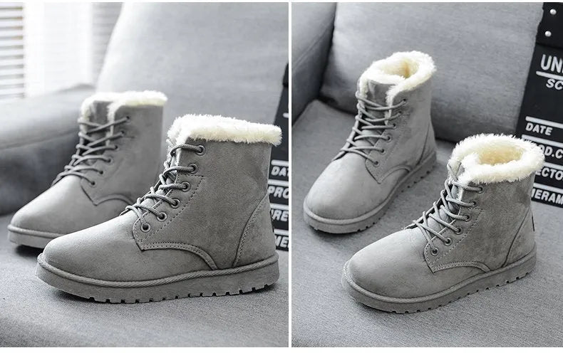 Women's winter ankle snow boots with suede upper and plush insole in beige