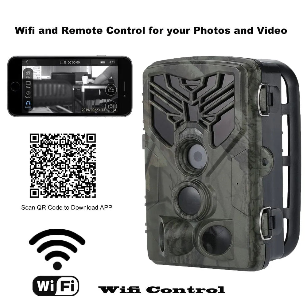 Wifi830 compact wildlife camera with camouflage finish showing lens, display, and mounting bracket